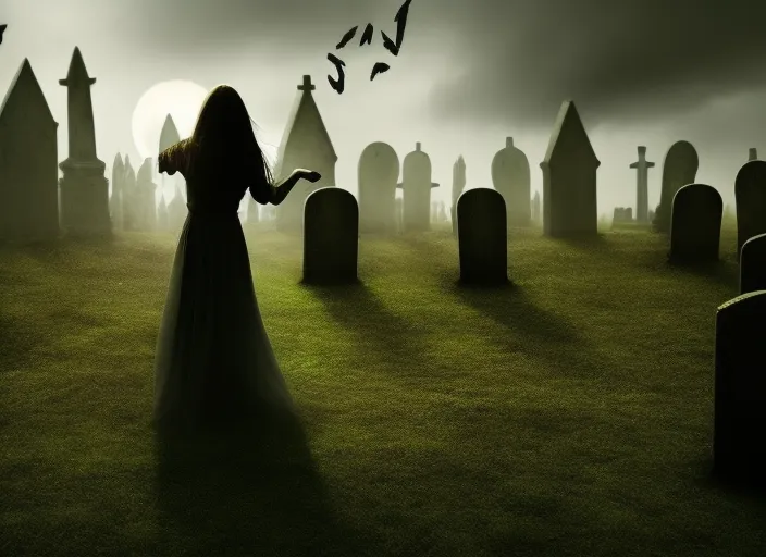 faceless scary lady dancing in graveyard surrealism art style