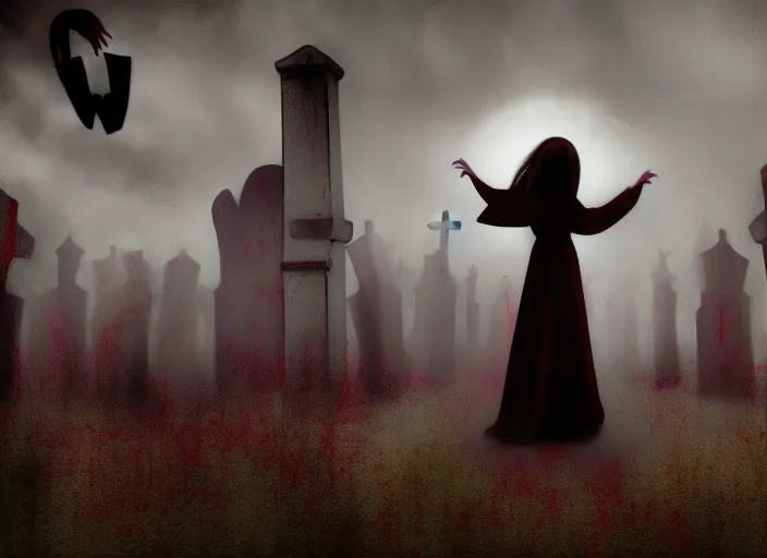 faceless scary lady vampire dancing in graveyard surrealism art style