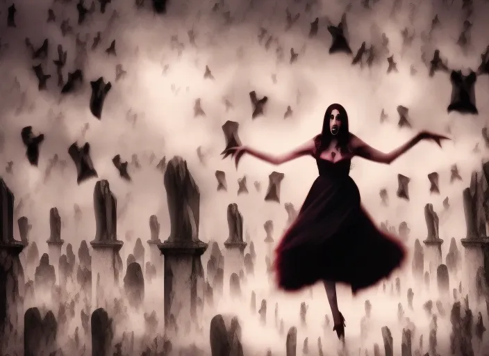  scary lady vampire dancing in graveyard surrealism art style