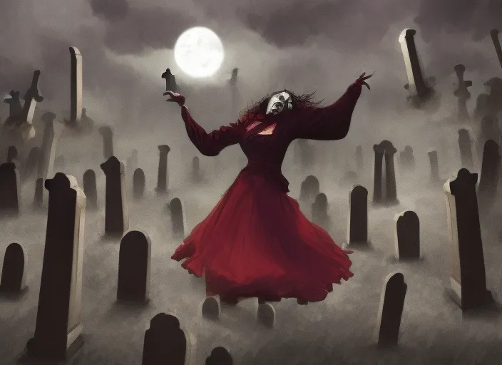  scary lady vampire dancing in graveyard surrealism art style