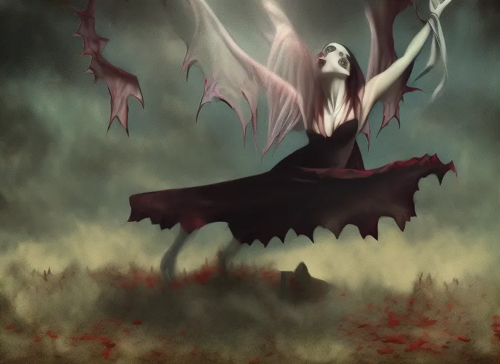 create beautifull lady vampire dancing on grave surrealism art style hirez