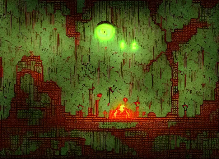 Color from outer space, Kadath, Village well, Crimson Court Darkest Dungeon, Lovecraft with green light emanating from the meteor. Add a green light emanating from the meteor