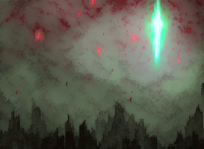 Color from outer space, Kadath, Village well, Crimson Court Darkest Dungeon, Lovecraft with green light emanating from the meteor. Add a green light emanating from the meteor