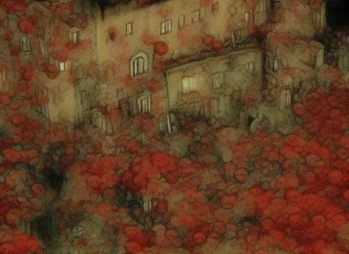  Lovecraft village, Creepy people who became fish, Color from outside world, crimson court. dark and spooky, Horror art, Shizophrenia art