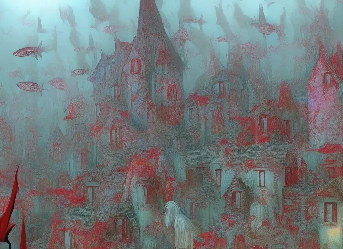 Lovecraft village, Creepy people who became fish, Color from outside world, crimson court. dark and spooky, Horror art, Shizophrenia art, trippy. make it more surreal and trippy