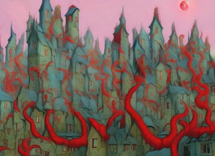 Lovecraft village, Creepy people who became fish, Color from outside world, crimson court. dark and spooky, Horror art, Shizophrenia art, trippy. make it more surreal and trippy