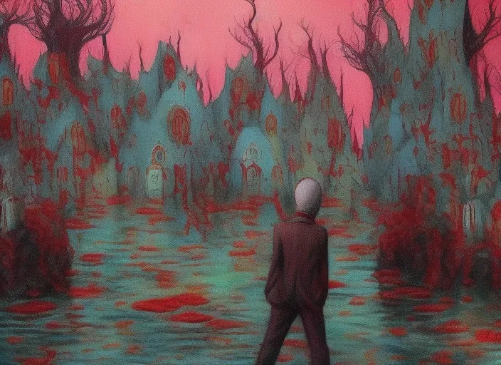 Lovecraft village, Creepy people who became fish, Color from outside world, crimson court. dark and spooky, Horror art, Shizophrenia art, trippy. make it more surreal and trippy