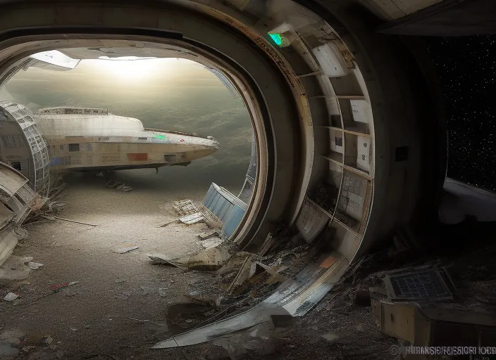 colored image of An abandoned space ship in a space station with a view of space in an unknown part of the universe. The corridors are dark and dusty, with debris and rubble everywhere. This station was once full of life and activity, but now it seems abandoned for years. Occasionally you can hear the sound of the wind blowing through the corridors, but otherwise it is quiet and eerie. The control room is deserted and the screens are black, and the machines seem to have come to a standstill long ago. The only light comes from the flashing red warning lights, which create a strange atmosphere. It is clear that something serious happened at this station at some point, but what it was remains a mystery. It feels like loneliness and lostness, like being all alone in an unknown corner of space. Yet you also feel a sense of adventure and curiosity, which may still be discovered in this mysterious environment.