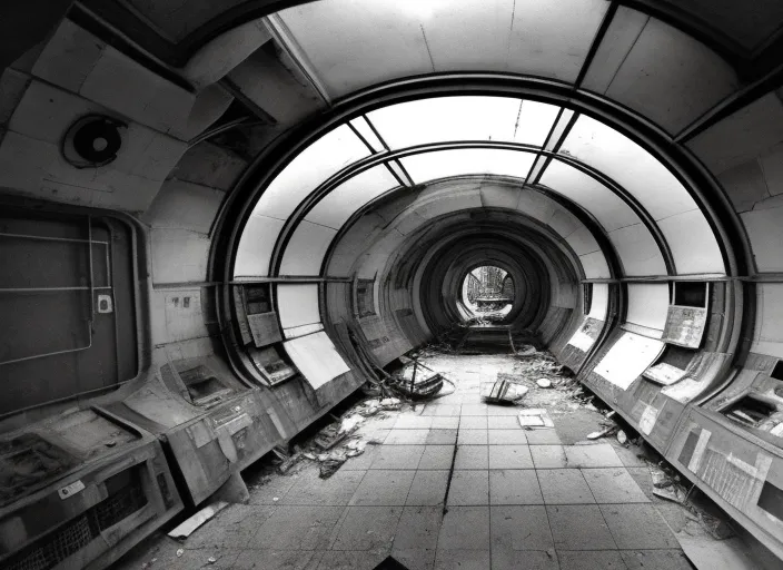 colored picture of An abandoned space ship in a space station with a view of space in an unknown part of the universe. The corridors are dark and dusty, with debris and rubble everywhere. This station was once full of life and activity, but now it seems abandoned for years. Occasionally you can hear the sound of the wind blowing through the corridors, but otherwise it is quiet and eerie. The control room is deserted and the screens are black, and the machines seem to have come to a standstill long ago. The only light comes from the flashing red warning lights, which create a strange atmosphere. It is clear that something serious happened at this station at some point, but what it was remains a mystery. It feels like loneliness and lostness, like being all alone in an unknown corner of space. Yet you also feel a sense of adventure and curiosity, which may still be discovered in this mysterious environment.