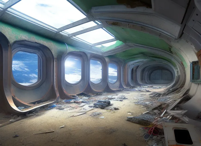 Colored picture of an abandoned space ship in a space station with a view of space in an unknown part of the universe. The corridors are dark and dusty, with debris and rubble everywhere. Occasionally, you can hear the sound of the flashing red alarm going off in the control room. The machines are silent and lifeless, and the space station seems abandoned for years. add flashing red alarm sound