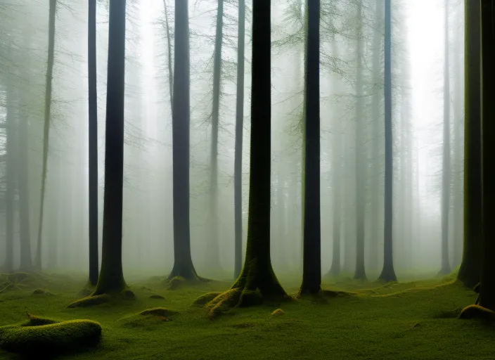 A dark extremely foggy forest in the early morning. The forest is filled with tall, slender trees that are covered with moss and ferns. A soft mist hangs in the air, making the sunlight seem to dance through it, giving the environment a feeling of mystery. There is a thick carpet of leaves and branches on the floor, which creaks softly under your feet as you walk. Birds and other animals can be heard in the distance, while the occasional branch creaks under the weight of a passing animal. The air smells fresh and moist, and you feel the cool morning breeze on your face as you walk further into the woods. Everything seems peaceful and quiet, but there is a sense of excitement and adventure in the air, as if something unexpected could happen.