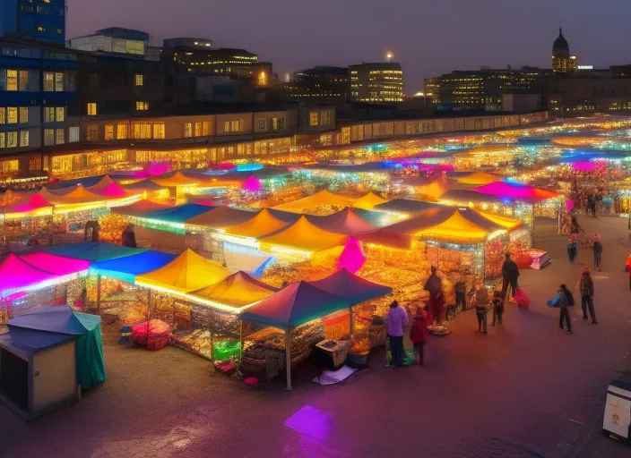 A colored image of a night market in a bustling city on pov view. Colorful tents have been set up all around you selling a range of products, from street food to handmade jewellery. The air is filled with scents of herbs and spices, while music and the hum of human voices mingle in a cacophony of sound. There are people of all ages and backgrounds, and you can hear languages ​​and accents from all parts of the world. Colorful lights illuminate the street and enhance the vibrancy of the market. There is so much to see and experience that it can be overwhelming, but you will feel an excitement and energy that you will not find anywhere else. The night market is like a world within a world, a place where everything seems possible.