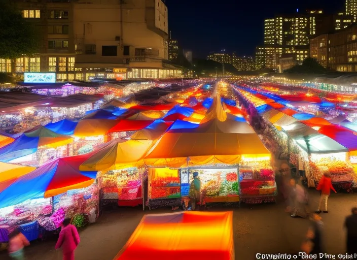 A colored image point of view style of a night market in a bustling city. Colorful tents have been set up all around you selling a range of products, from street food to handmade jewellery. The air is filled with scents of herbs and spices, while music and the hum of human voices mingle in a cacophony of sound. There are people of all ages and backgrounds, and you can hear languages ​​and accents from all parts of the world. Colorful lights illuminate the street and enhance the vibrancy of the market. There is so much to see and experience that it can be overwhelming, but you will feel an excitement and energy that you will not find anywhere else. The night market is like a world within a world, a place where everything seems possible.