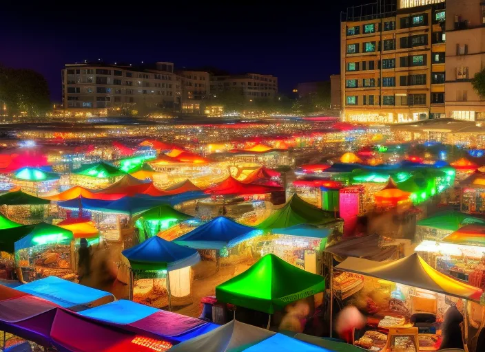 A colored image point of view style of a night market in a bustling city. Colorful tents have been set up all around you selling a range of products, from street food to handmade jewellery. The air is filled with scents of herbs and spices, while music and the hum of human voices mingle in a cacophony of sound. There are people of all ages and backgrounds, and you can hear languages ​​and accents from all parts of the world. Colorful lights illuminate the street and enhance the vibrancy of the market. There is so much to see and experience that it can be overwhelming, but you will feel an excitement and energy that you will not find anywhere else. The night market is like a world within a world, a place where everything seems possible.