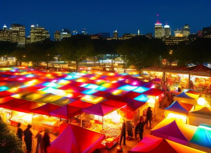 A colored image point of view style of a night market in a bustling city. Colorful tents have been set up all around you selling a range of products, from street food to handmade jewellery. The air is filled with scents of herbs and spices, while music and the hum of human voices mingle in a cacophony of sound. There are people of all ages and backgrounds, and you can hear languages ​​and accents from all parts of the world. Colorful lights illuminate the street and enhance the vibrancy of the market. There is so much to see and experience that it can be overwhelming, but you will feel an excitement and energy that you will not find anywhere else. The night market is like a world within a world, a place where everything seems possible.