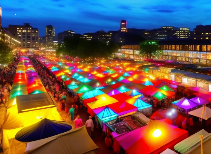 A colored image point of view style of a night market in a bustling city. Colorful tents have been set up all around you selling a range of products, from street food to handmade jewellery. The air is filled with scents of herbs and spices, while music and the hum of human voices mingle in a cacophony of sound. There are people of all ages and backgrounds, and you can hear languages ​​and accents from all parts of the world. Colorful lights illuminate the street and enhance the vibrancy of the market. There is so much to see and experience that it can be overwhelming, but you will feel an excitement and energy that you will not find anywhere else. The night market is like a world within a world, a place where everything seems possible.