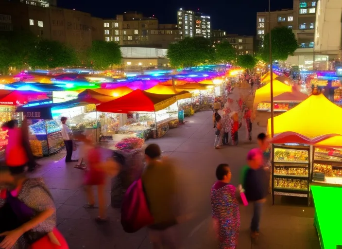 A colored image point of view style of a night market in a bustling city. Colorful tents have been set up all around you selling a range of products, from street food to handmade jewellery. The air is filled with scents of herbs and spices, while music and the hum of human voices mingle in a cacophony of sound. There are people of all ages and backgrounds, and you can hear languages ​​and accents from all parts of the world. Colorful lights illuminate the street and enhance the vibrancy of the market. There is so much to see and experience that it can be overwhelming, but you will feel an excitement and energy that you will not find anywhere else. The night market is like a world within a world, a place where everything seems possible.