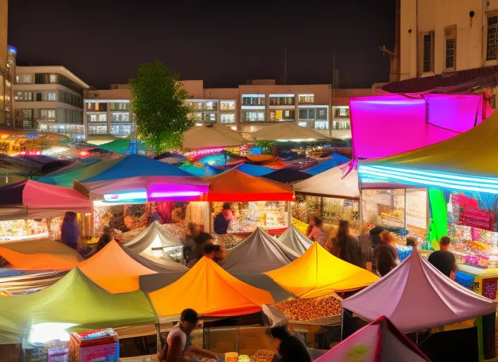 A colored image low angle view style of a night market in a bustling city. Colorful tents have been set up all around you selling a range of products, from street food to handmade jewellery. The air is filled with scents of herbs and spices, while music and the hum of human voices mingle in a cacophony of sound. There are people of all ages and backgrounds, and you can hear languages ​​and accents from all parts of the world. Colorful lights illuminate the street and enhance the vibrancy of the market. There is so much to see and experience that it can be overwhelming, but you will feel an excitement and energy that you will not find anywhere else. The night market is like a world within a world, a place where everything seems possible.