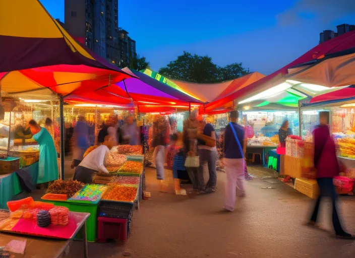 A colored image low angle view style of a night market in a bustling city. Colorful tents have been set up all around you selling a range of products, from street food to handmade jewellery. The air is filled with scents of herbs and spices, while music and the hum of human voices mingle in a cacophony of sound. There are people of all ages and backgrounds, and you can hear languages ​​and accents from all parts of the world. Colorful lights illuminate the street and enhance the vibrancy of the market. There is so much to see and experience that it can be overwhelming, but you will feel an excitement and energy that you will not find anywhere else. The night market is like a world within a world, a place where everything seems possible.