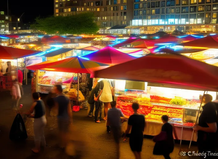 A colored image low angle view style of a night market in a bustling city. Colorful tents have been set up all around you selling a range of products, from street food to handmade jewellery. The air is filled with scents of herbs and spices, while music and the hum of human voices mingle in a cacophony of sound. There are people of all ages and backgrounds, and you can hear languages ​​and accents from all parts of the world. Colorful lights illuminate the street and enhance the vibrancy of the market. There is so much to see and experience that it can be overwhelming, but you will feel an excitement and energy that you will not find anywhere else. The night market is like a world within a world, a place where everything seems possible.