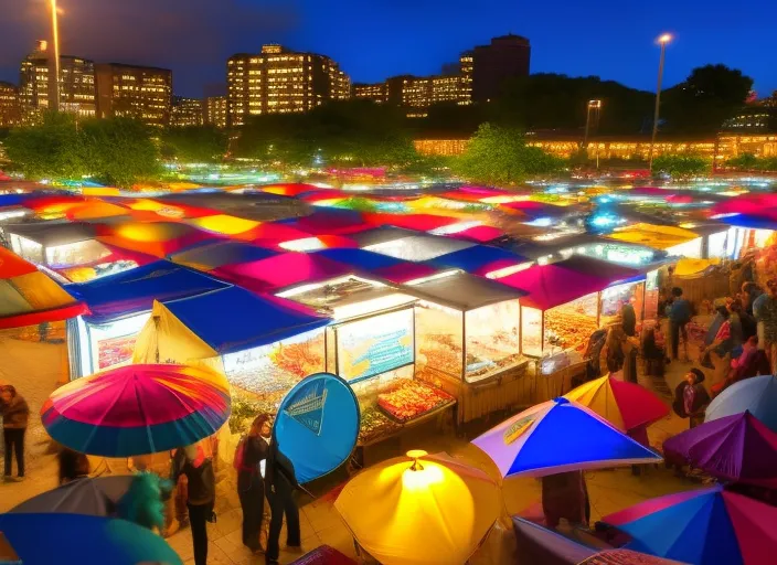 A colored image low angle view style of a night market in a bustling city. Colorful tents have been set up all around you selling a range of products, from street food to handmade jewellery. The air is filled with scents of herbs and spices, while music and the hum of human voices mingle in a cacophony of sound. There are people of all ages and backgrounds, and you can hear languages ​​and accents from all parts of the world. Colorful lights illuminate the street and enhance the vibrancy of the market. There is so much to see and experience that it can be overwhelming, but you will feel an excitement and energy that you will not find anywhere else. The night market is like a world within a world, a place where everything seems possible.