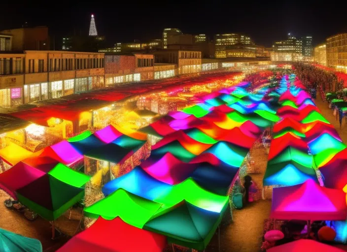 A colored image of A night market in a bustling city. Colorful tents have been set up all around you selling a range of products, from street food to handmade jewellery. The air is filled with scents of herbs and spices, while music and the hum of human voices mingle in a cacophony of sound. There are people of all ages and backgrounds, and you can hear languages ​​and accents from all parts of the world. Colorful lights illuminate the street and enhance the vibrancy of the market. There is so much to see and experience that it can be overwhelming, but you will feel an excitement and energy that you will not find anywhere else. The night market is like a world within a world, a place where everything seems possible.