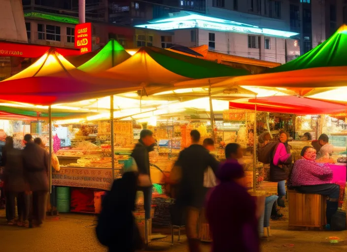 A low angled colored image of A night market in a bustling city. Colorful tents have been set up all around you selling a range of products, from street food to handmade jewellery. The air is filled with scents of herbs and spices, while music and the hum of human voices mingle in a cacophony of sound. There are people of all ages and backgrounds. add people walking by slowly