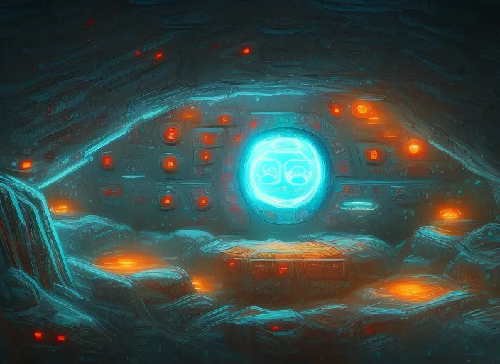 there is an advanced spaceship parked outside a massive cave sitting out in the snow. In the style of Andreas Rocha, Jordan Grimmer, Darek Zabrocki, intricate detail Close-up of the control panel inside the spaceship, with buttons and switches lit up