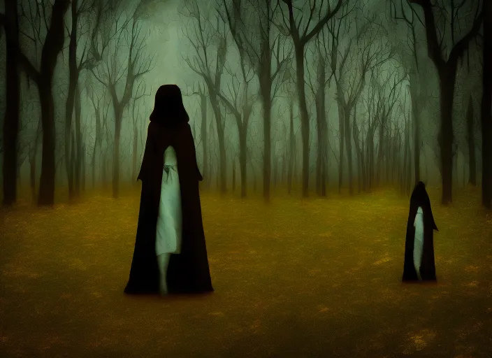 catwalk of lady vampire trought creepy graveyard forest surrealism art