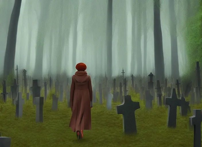 catwalk of lady vampire trought creepy graveyard forest surrealism art