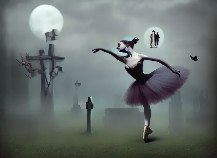 dark balerina floating over graveyard surrealism art