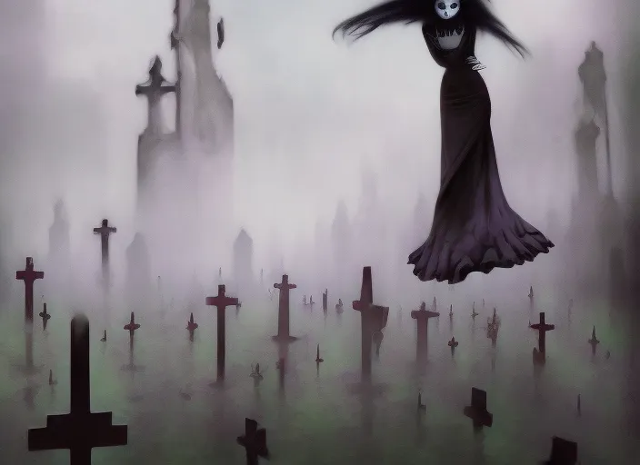 gothic dark girl floating over graveyard surrealism art