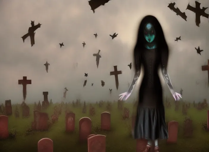 full body gothic dark girl floating over graveyard surrealism art