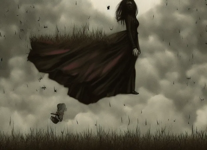full body gothic dark girl floating over graveyard surrealism art