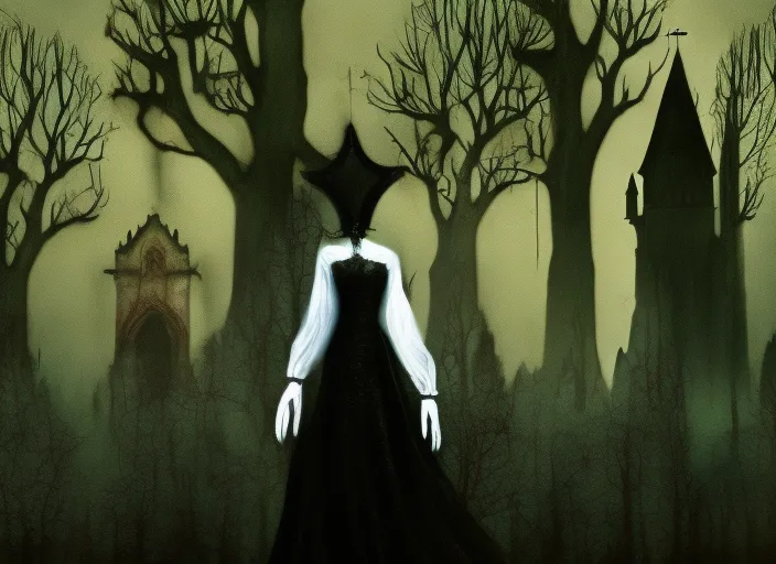 floating gothic dark lady over graveyard in creepy forest with creepy trees and gothic church surrealism art