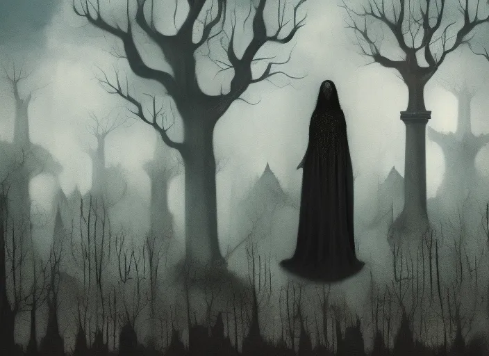 floating gothic dark lady over graveyard in creepy forest with creepy trees and gothic church surrealism art