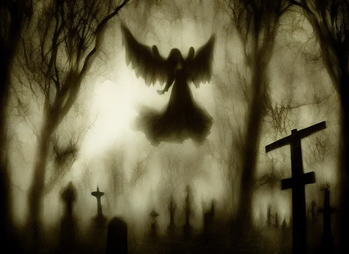 dark angel with wings floating over graveyard in creepy dark gothic forest 