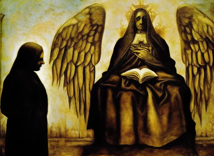 The Sacrament: Dark Angel Gothic Surrealism - Theology Behind the Painting". add a message about the painting that reads "The Sacrament: Dark Angel Gothic Surrealism - Theology Behind the Painting