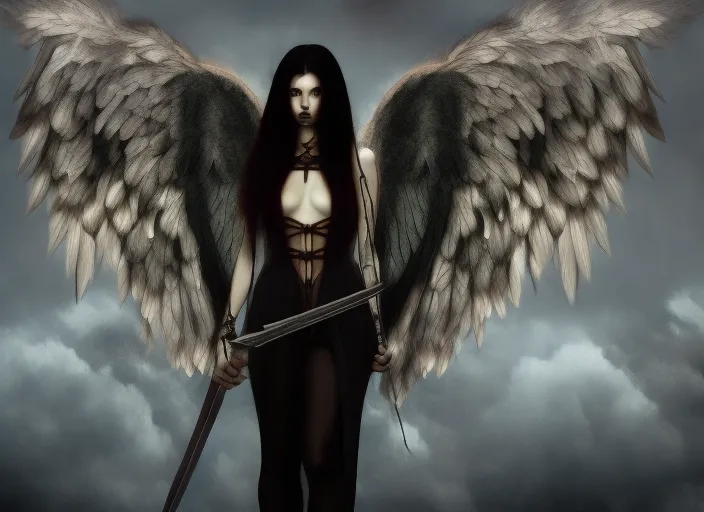 generate death valley and beautiful girl angel with sword in hand gothic style surrealism art