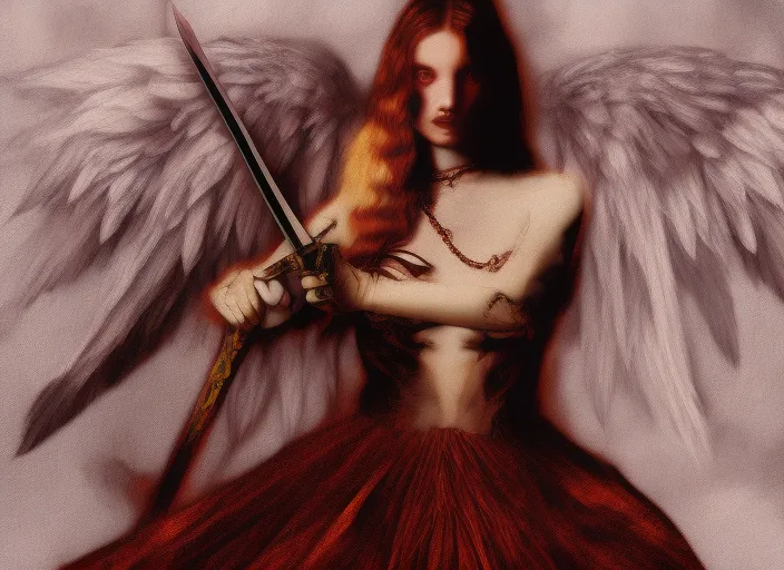 generate death valley and beautiful girl angel with sword in hand gothic style surrealism art