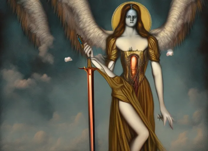 generate Sacrament death valley and beautiful girl angel with sword in hand gothic style surrealism art