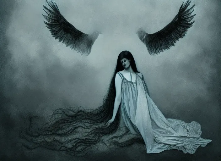 beautiful dark gothic  angel doing lunatic head movement surrealism art