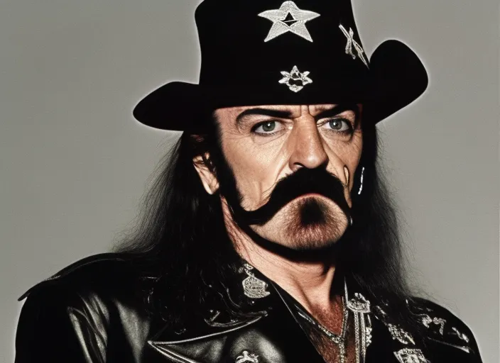 Lemmy Kilmister front face realism without soul patch with motorhead simbol on hat