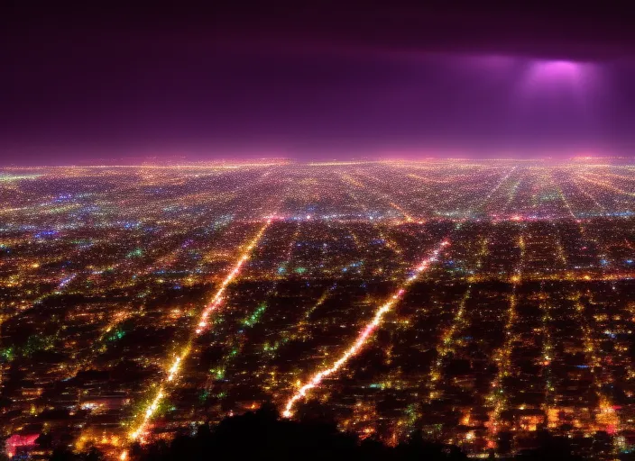 City Lights at Night with an Incredible Lightshow in the Sky. add a lightshow in the sky