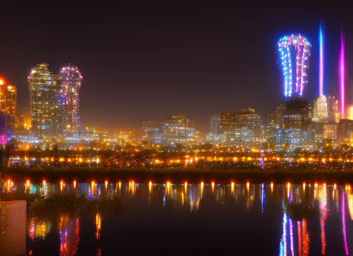 City Lights at Night with an Incredible Lightshow in the Sky. add a lightshow in the sky