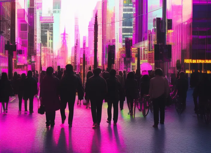 Neon city lights gradually fade as people pass