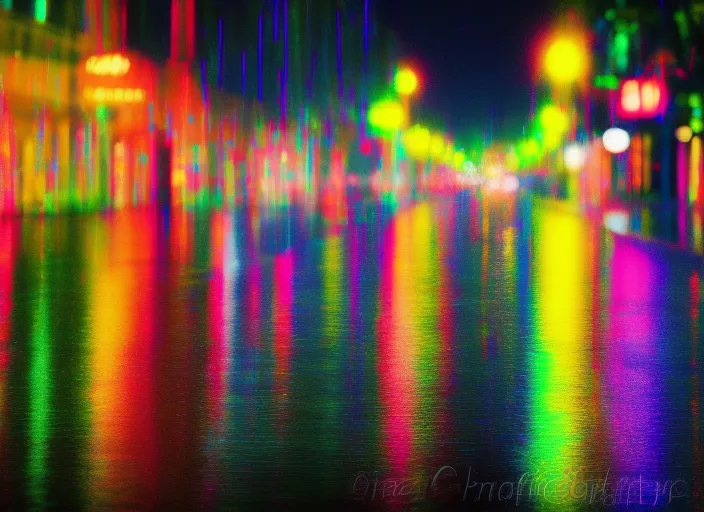 Neon city lights in the rain