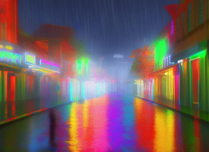 Neon city lights in the rain