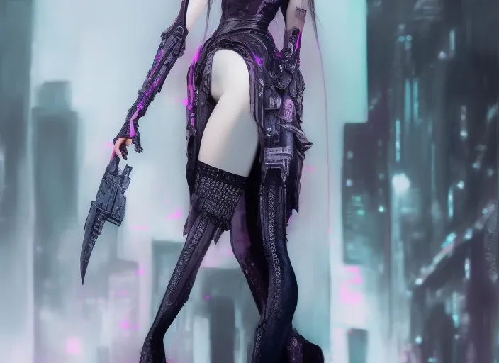 gothic girl with cyberpunk dystopia city show full body