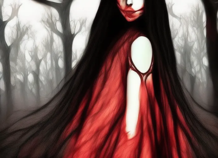 beautiful gothic vampire girl, long black hair, dance, insane, scary forest, dead trees, gothic church, surrealism art, The Sacrament art style